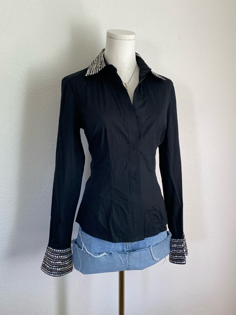 Vintage Basix II Crystal Embellished Collared Button Down Blouse Black